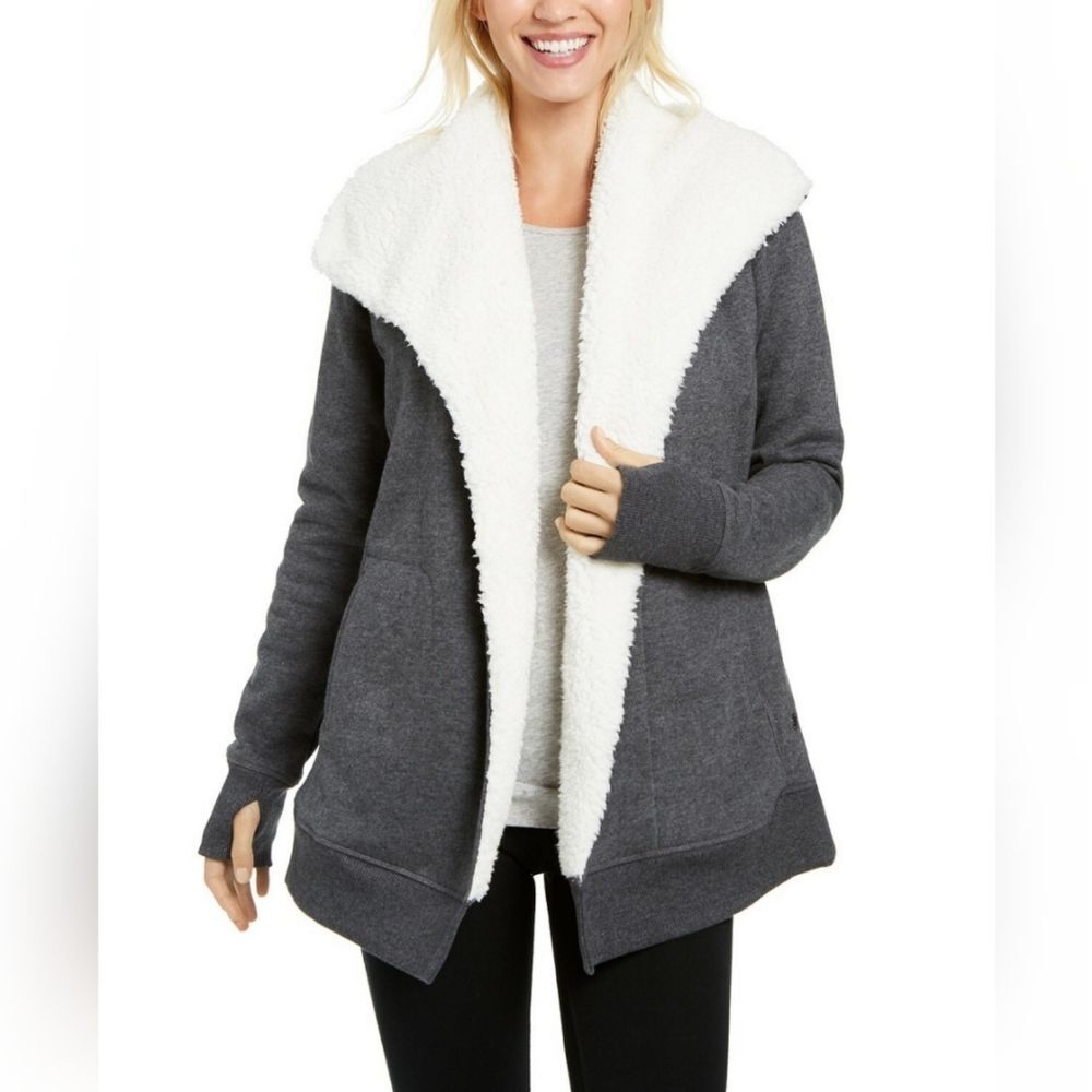 Ideology NWT Charcoal Grey Sherpa Fleece Lined Open Front Jacket Thumbholes XL